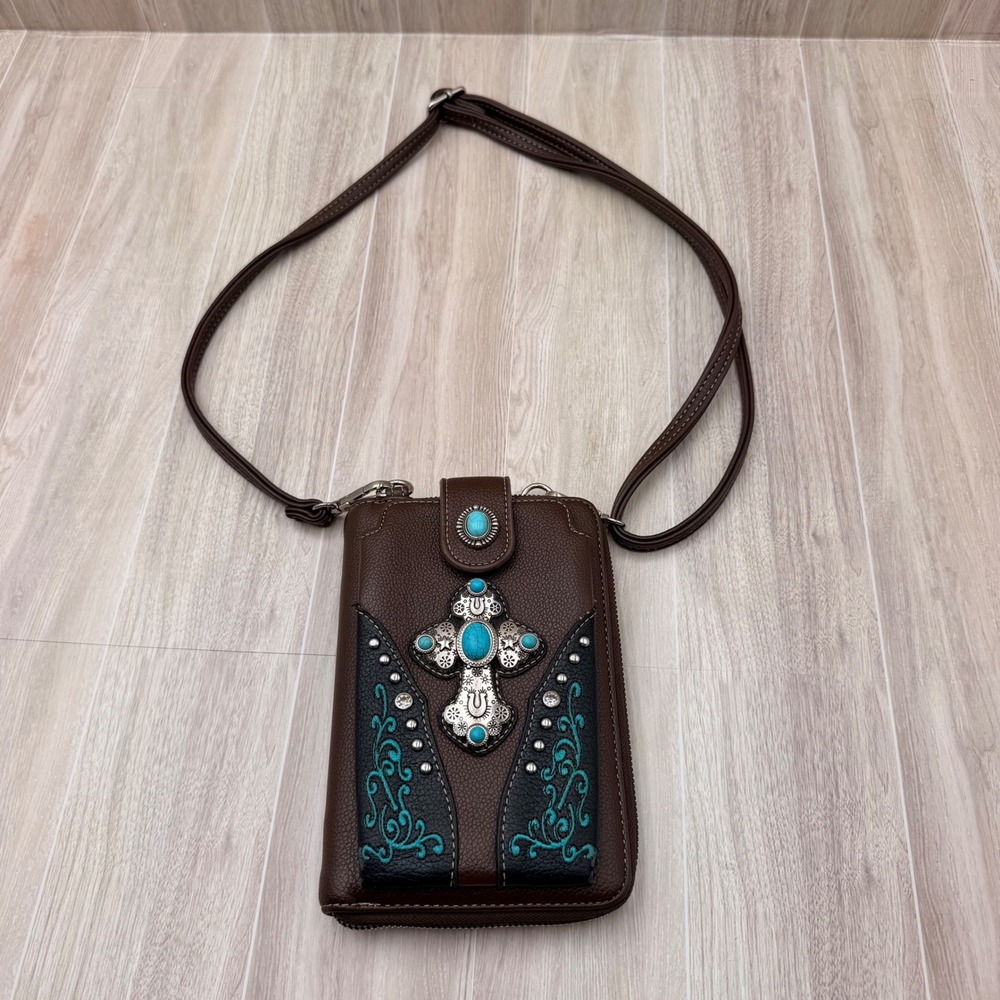 Montana West Crossbody Wallet Bag Womens OS Brown Excellent Turquoise Western
